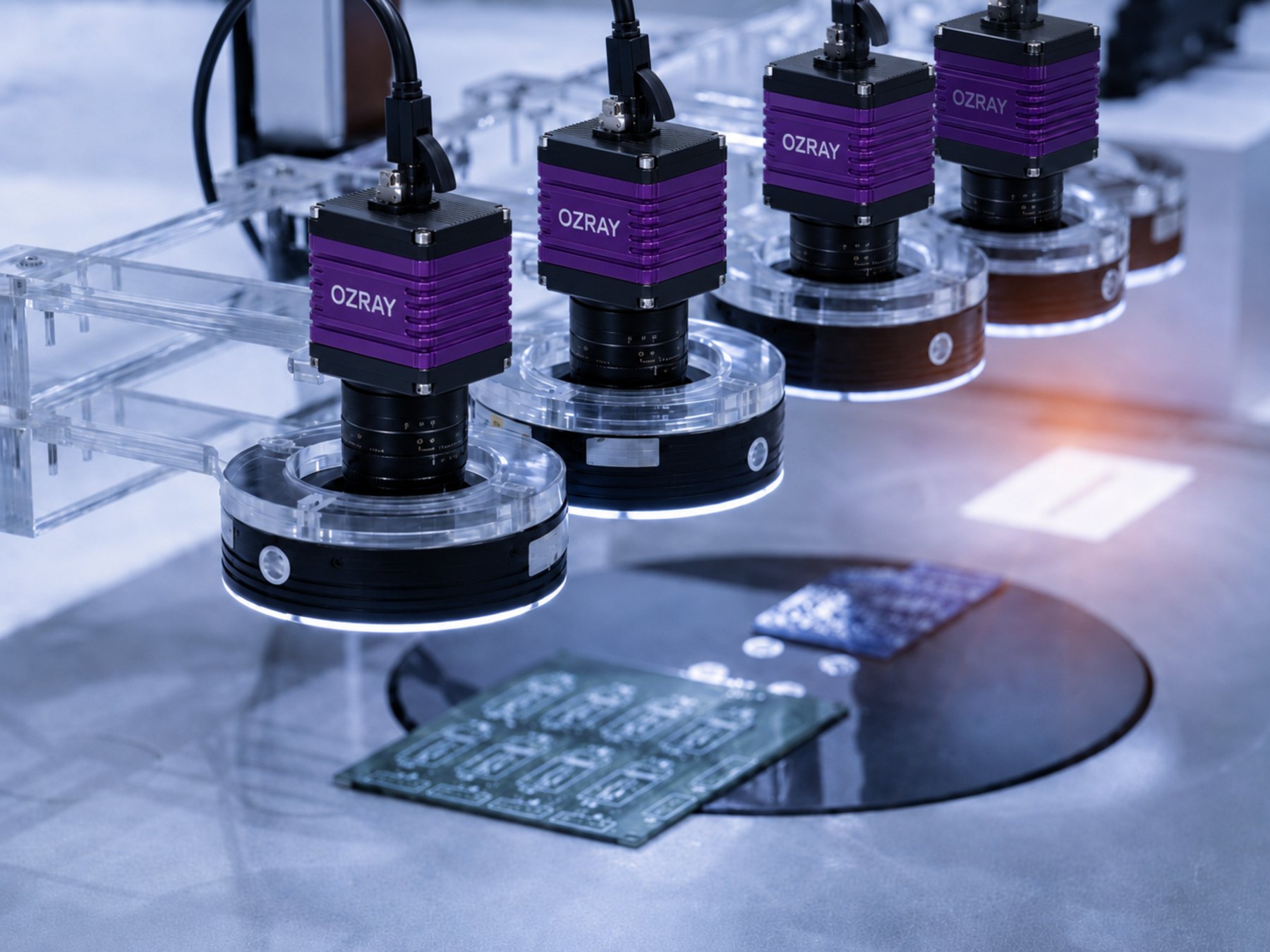 PCB와 웨이퍼를 검사하는 OZRAY 카메라 4대가 설치된 자동 검사 라인